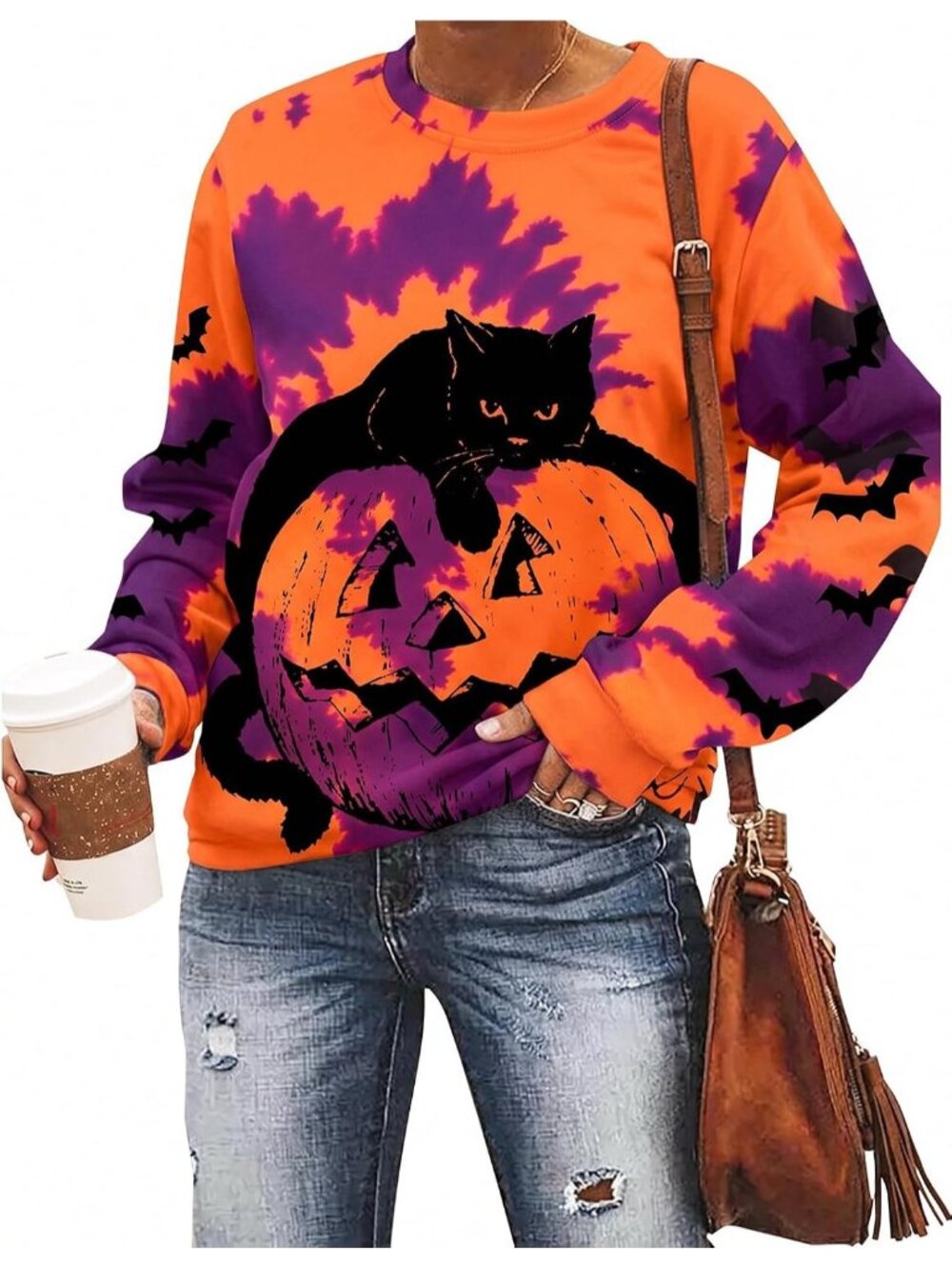 🆕 Women’s Orange Purple Tie Dye Cat Pumpkin Halloween Crewneck Sweatshirt